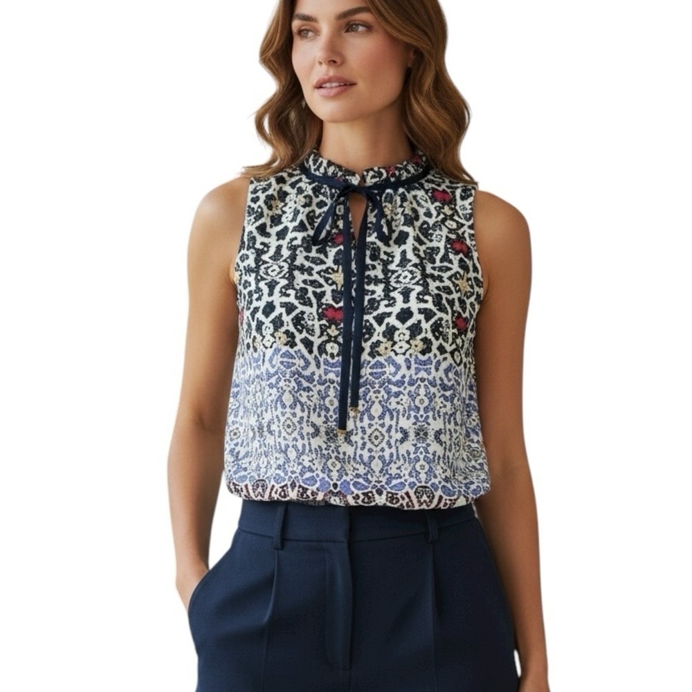 Violet + Claire Small Ikat Sleevless Blouse Ruffle Office Cadual Boho